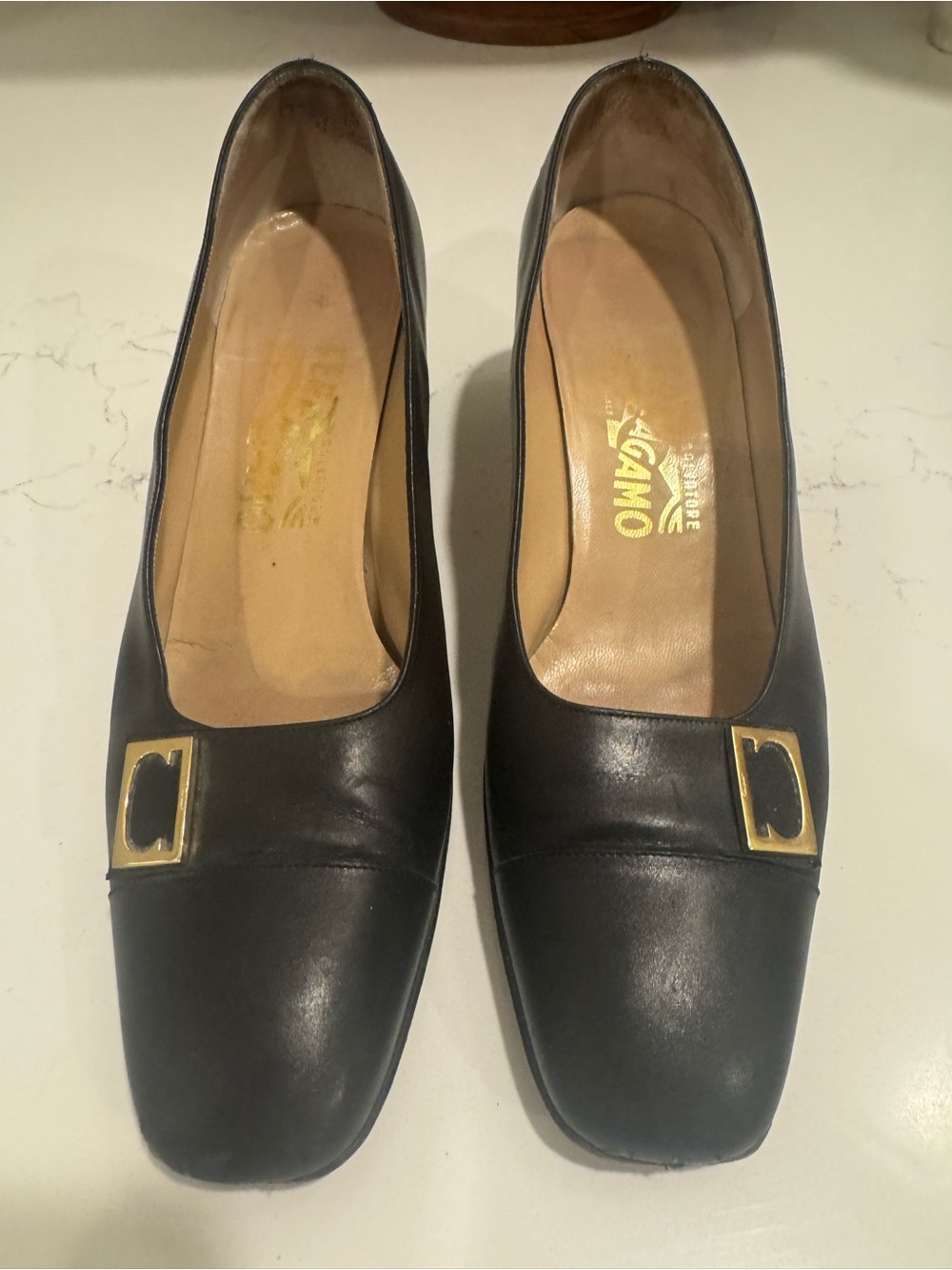 Salvatore Ferragamo Black Leather Pumps with Gold Buckle